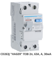 Устройство защитного отключения HAGER CD263J 2Х63А, 30mA, (кат. А)